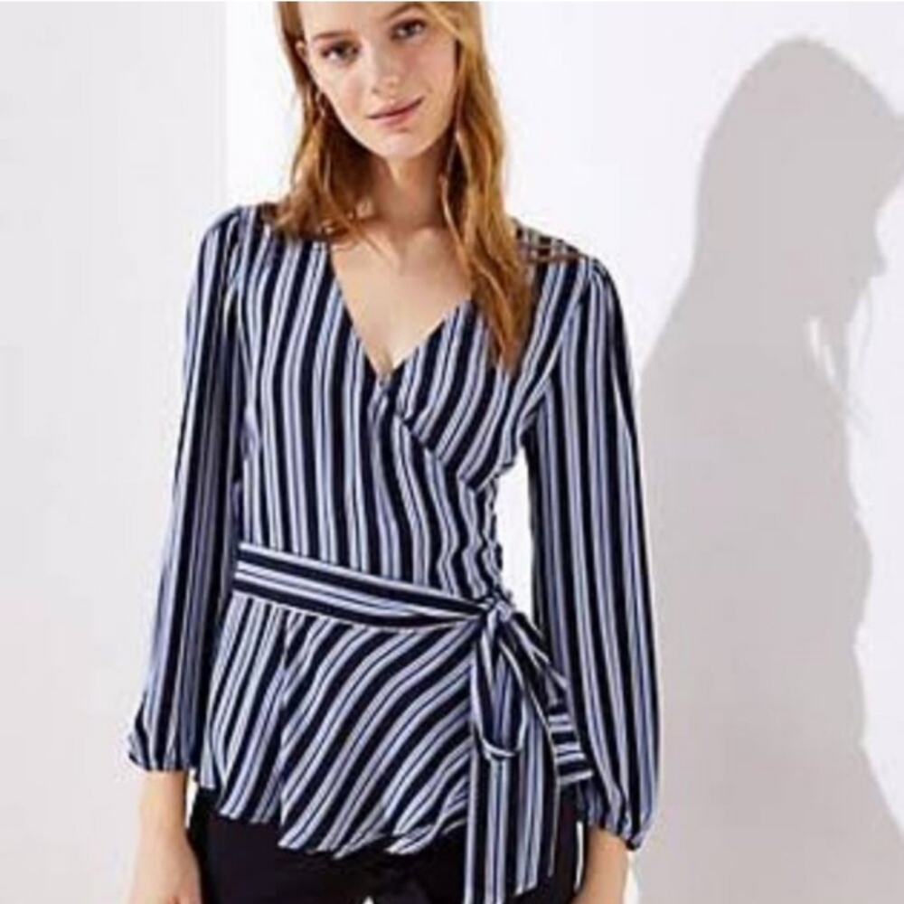 Loft True Wrap Bow Tie Vertical Stripe Peplum Top Sz S